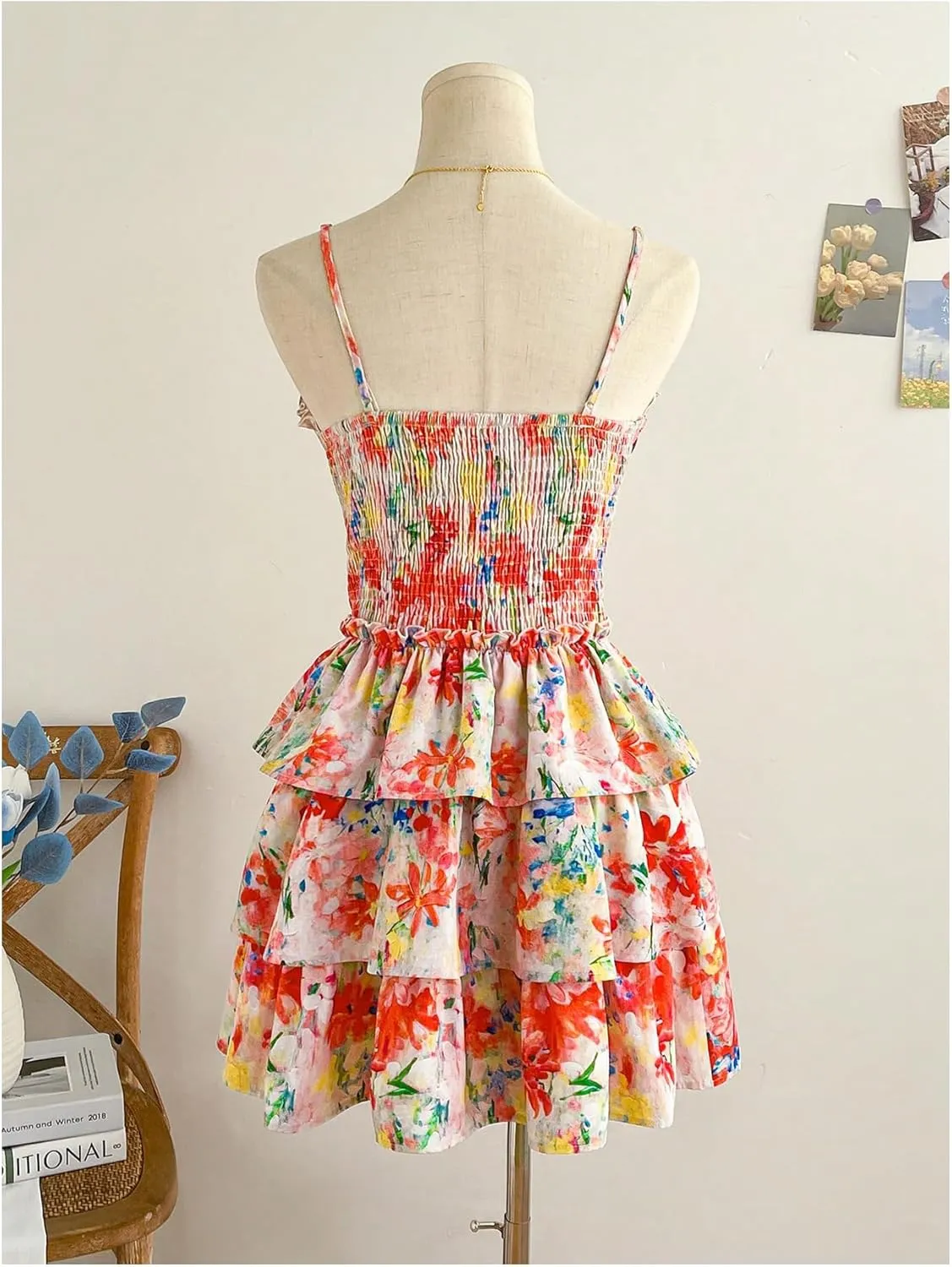 MakeMeChic Women's Floral Print Shirred Mini Dress Frill Trim Ruffle Tiered Boho Dresses