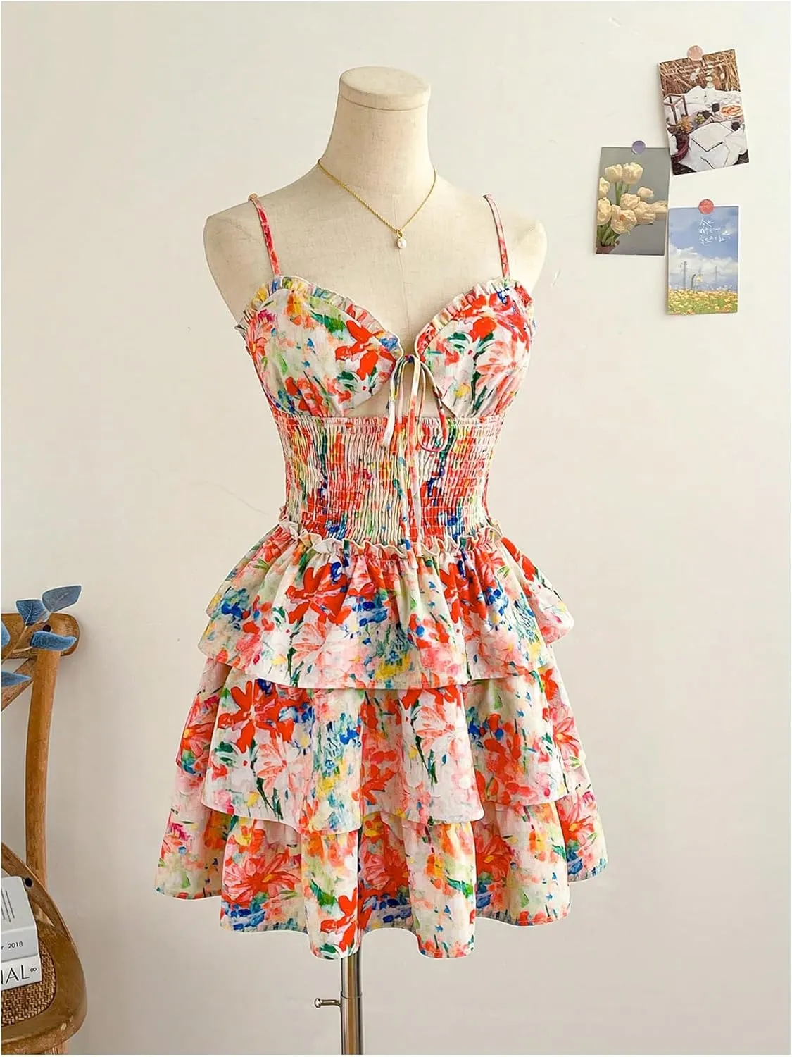 MakeMeChic Women's Floral Print Shirred Mini Dress Frill Trim Ruffle Tiered Boho Dresses