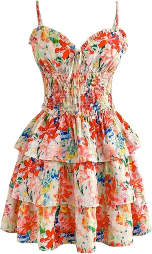 MakeMeChic Women's Floral Print Shirred Mini Dress Frill Trim Ruffle Tiered Boho Dresses