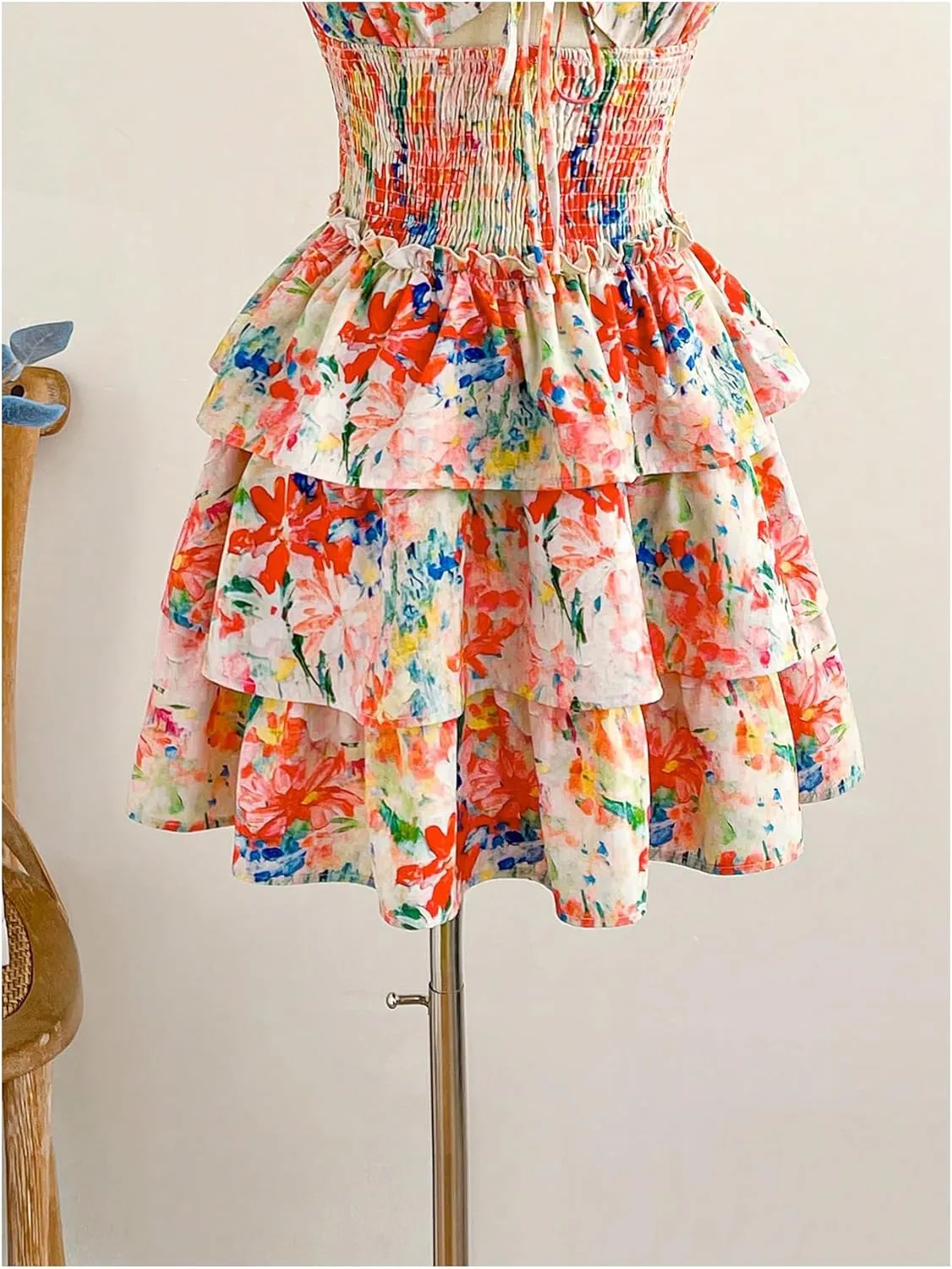 MakeMeChic Women's Floral Print Shirred Mini Dress Frill Trim Ruffle Tiered Boho Dresses