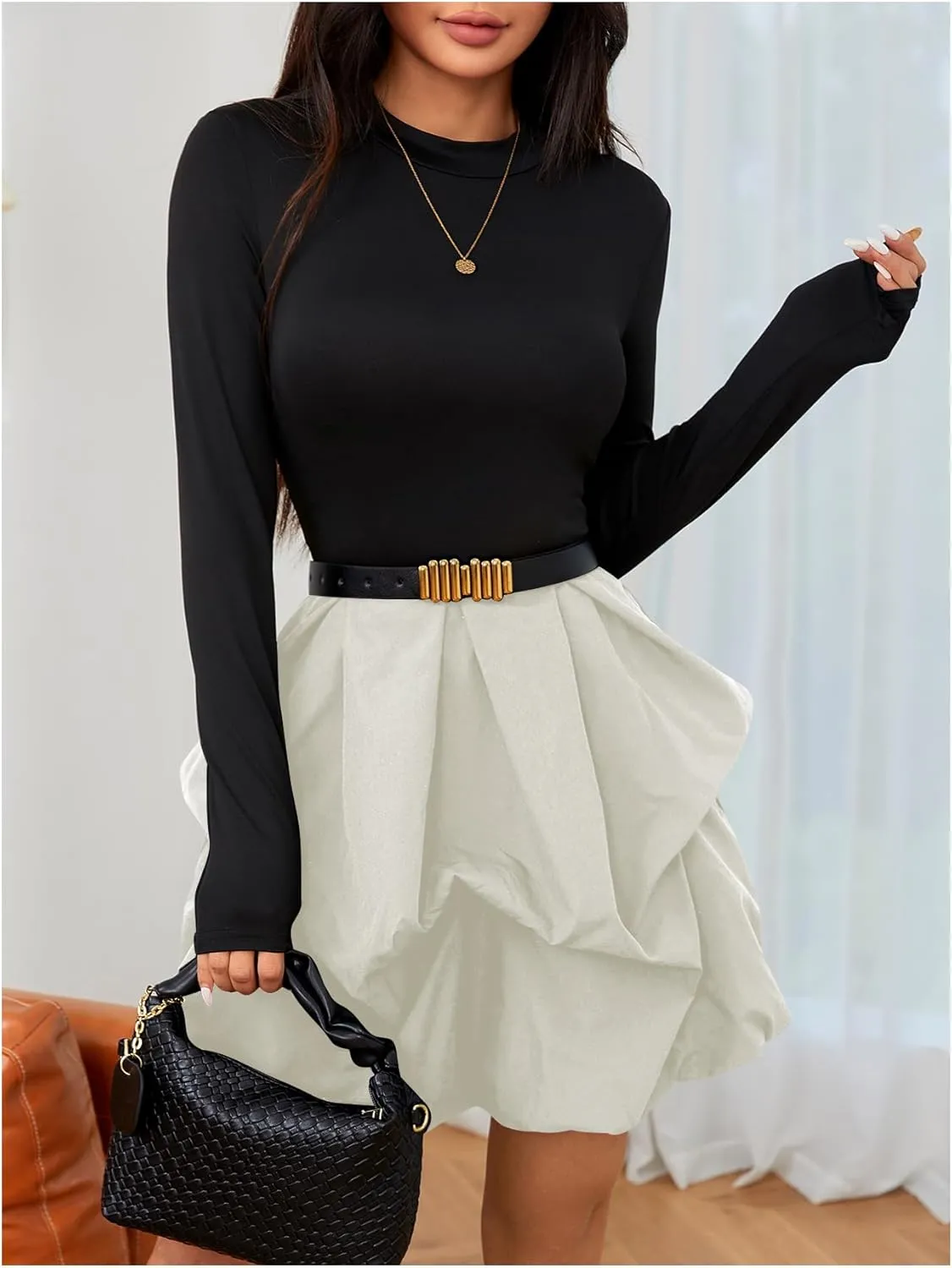 MakeMeChic Women's Long Sleeve Mock Neck Mini Dress Ruffle Hem A Line Short Dresses