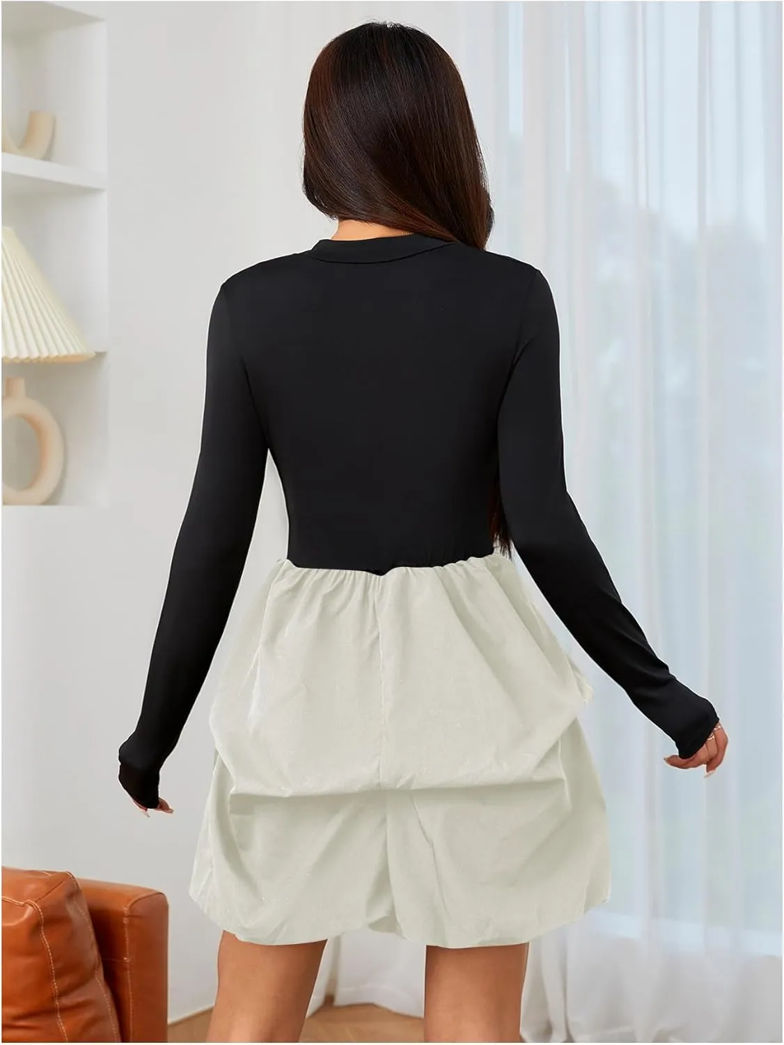 MakeMeChic Women's Long Sleeve Mock Neck Mini Dress Ruffle Hem A Line Short Dresses
