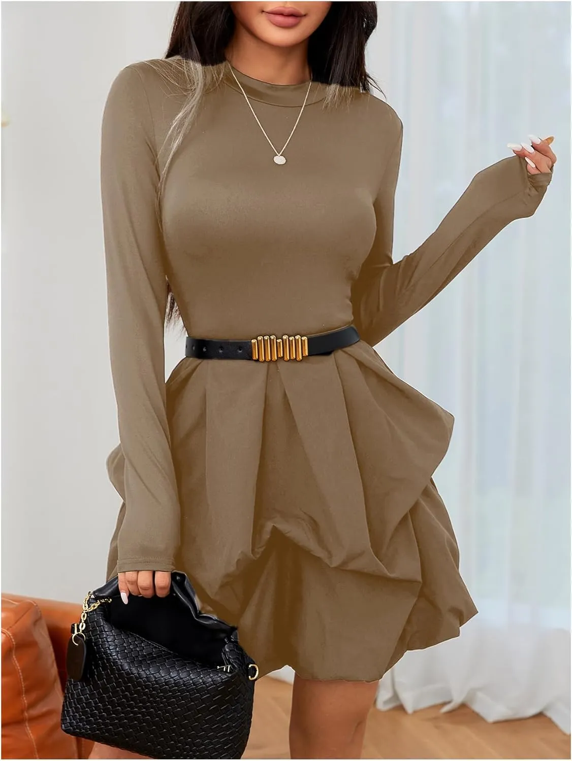 MakeMeChic Women's Long Sleeve Mock Neck Mini Dress Ruffle Hem A Line Short Dresses