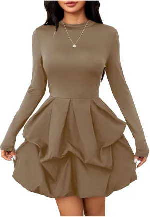 MakeMeChic Women's Long Sleeve Mock Neck Mini Dress Ruffle Hem A Line Short Dresses
