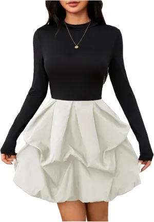 MakeMeChic Women's Long Sleeve Mock Neck Mini Dress Ruffle Hem A Line Short Dresses