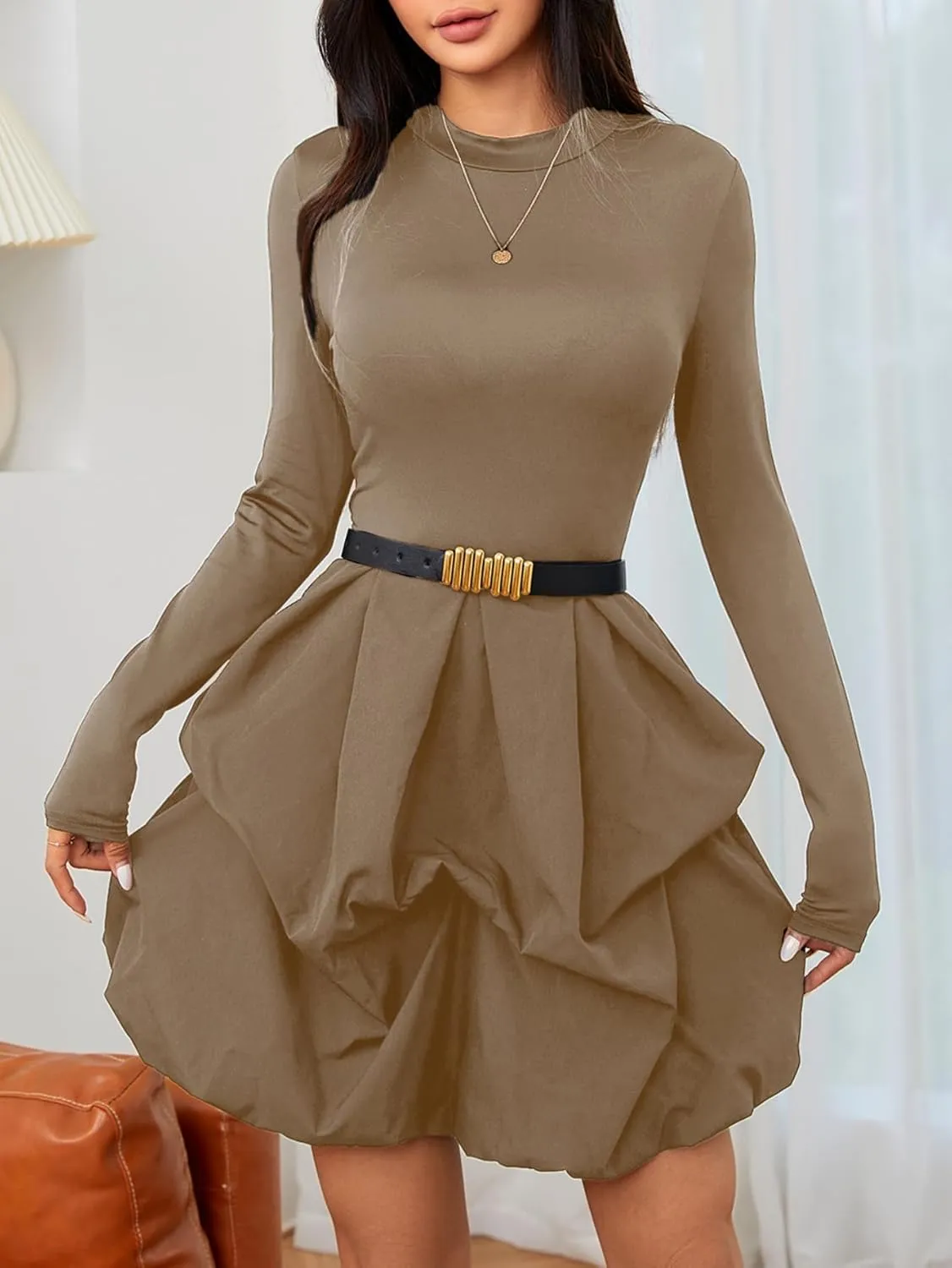 MakeMeChic Women's Long Sleeve Mock Neck Mini Dress Ruffle Hem A Line Short Dresses
