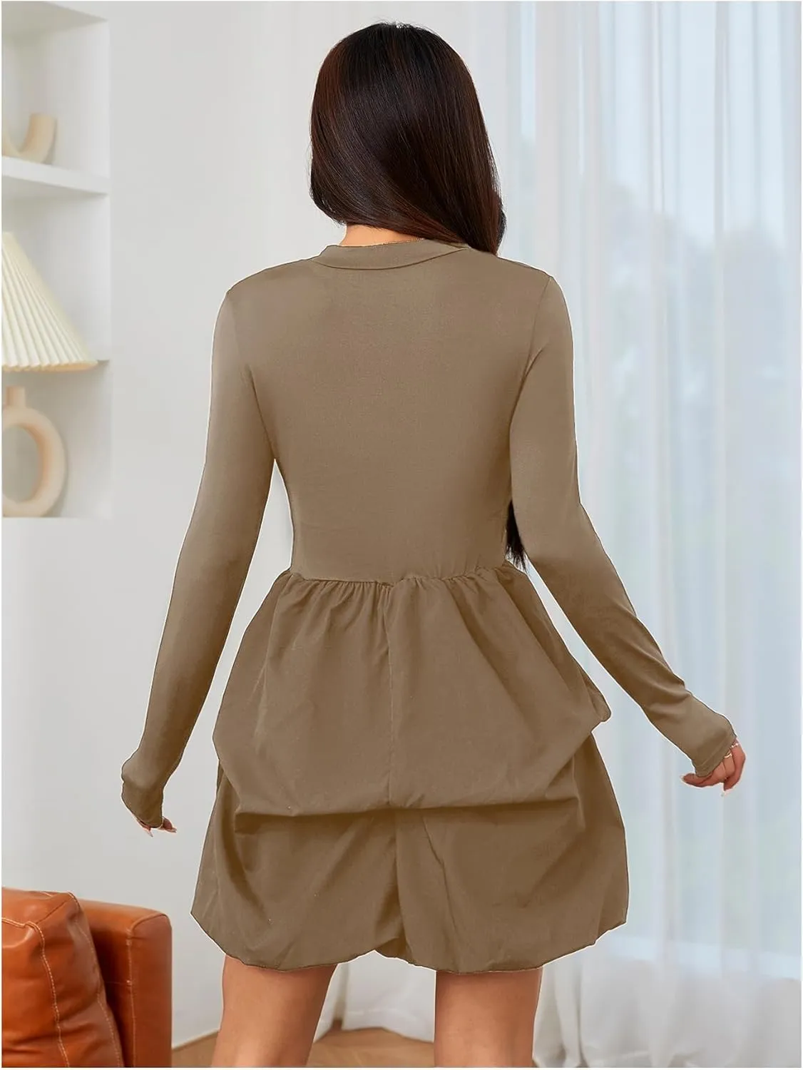 MakeMeChic Women's Long Sleeve Mock Neck Mini Dress Ruffle Hem A Line Short Dresses