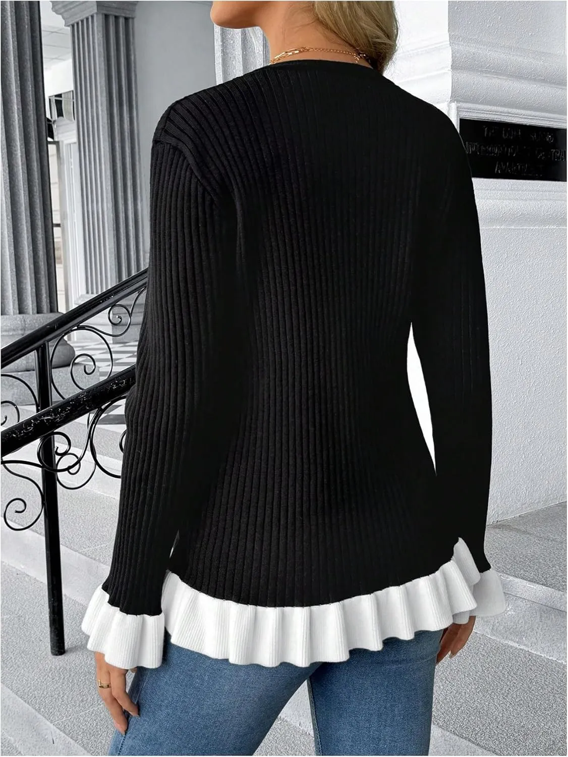 MakeMeChic Women's Maternity Sweater Color Block Bell Sleeve Button Down Ruffle Pregnancy Cardigan