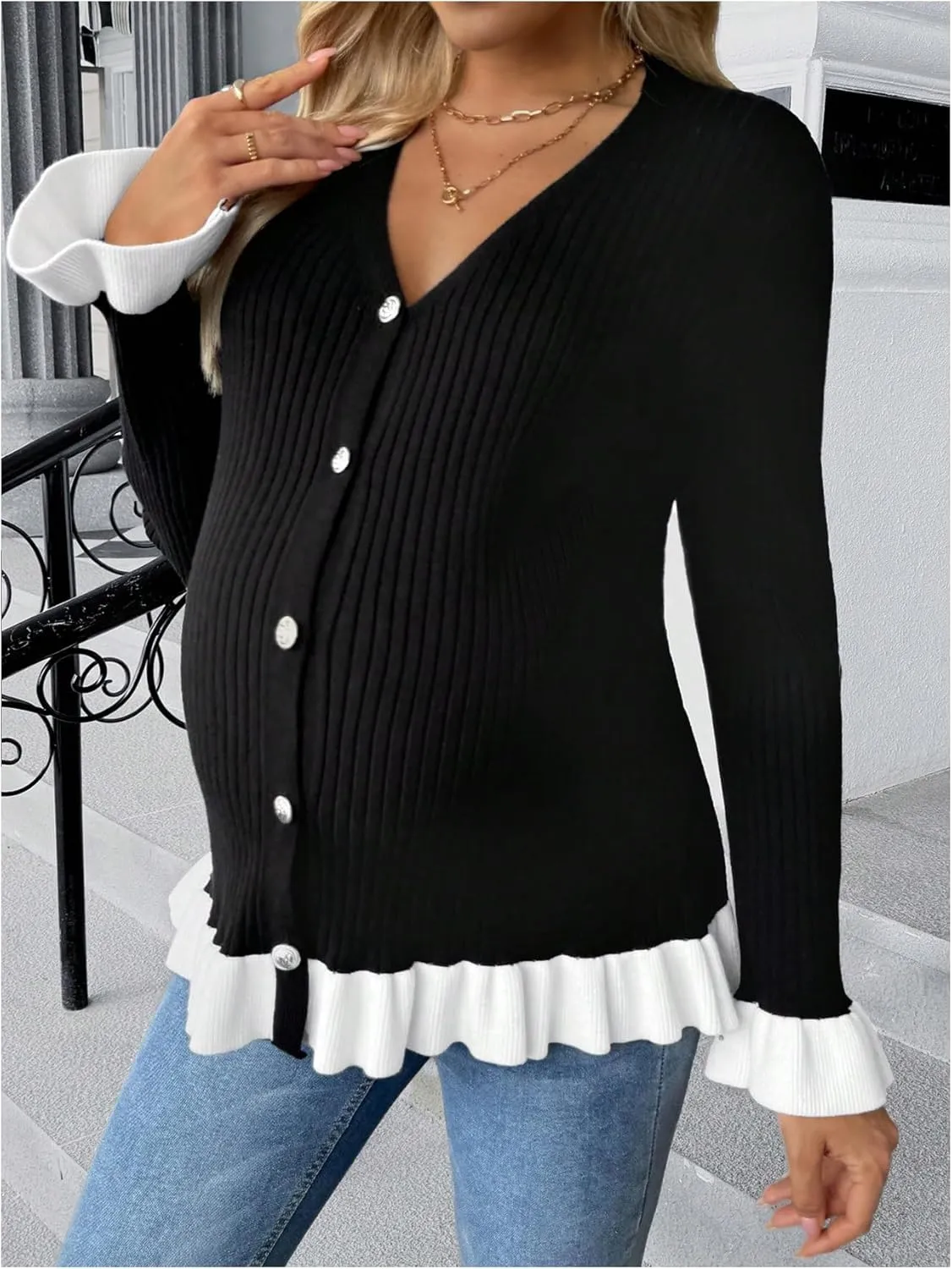 MakeMeChic Women's Maternity Sweater Color Block Bell Sleeve Button Down Ruffle Pregnancy Cardigan