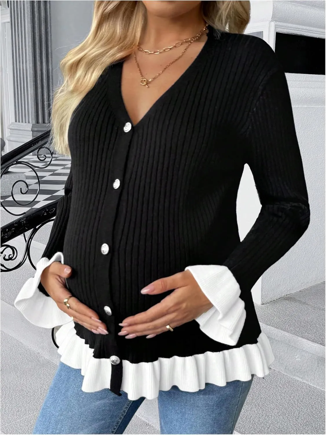 MakeMeChic Women's Maternity Sweater Color Block Bell Sleeve Button Down Ruffle Pregnancy Cardigan