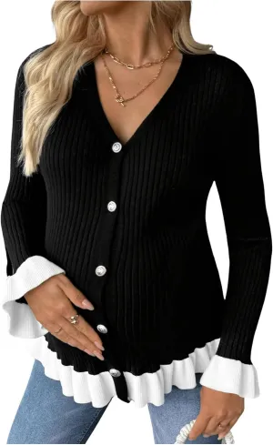 MakeMeChic Women's Maternity Sweater Color Block Bell Sleeve Button Down Ruffle Pregnancy Cardigan