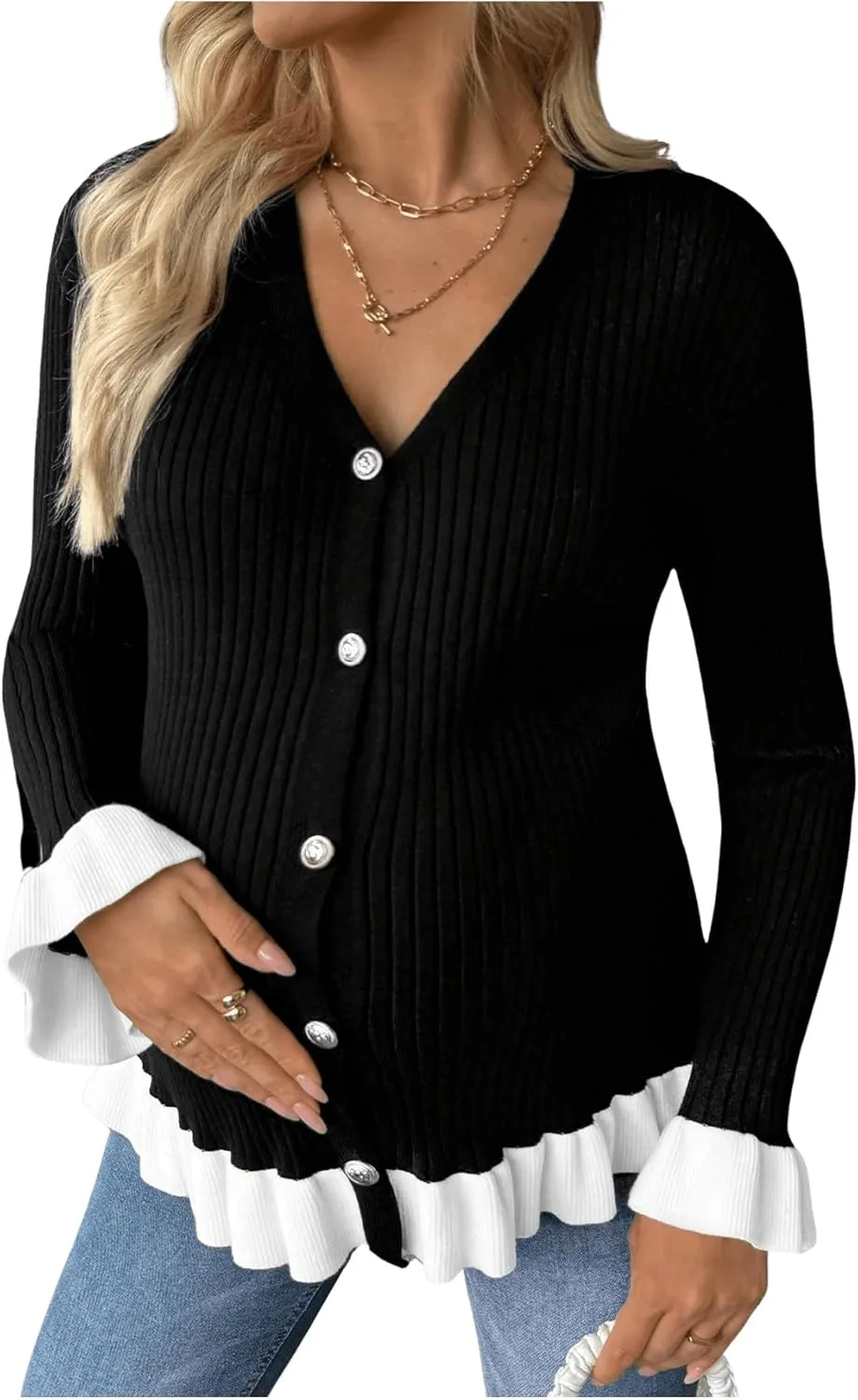 MakeMeChic Women's Maternity Sweater Color Block Bell Sleeve Button Down Ruffle Pregnancy Cardigan
