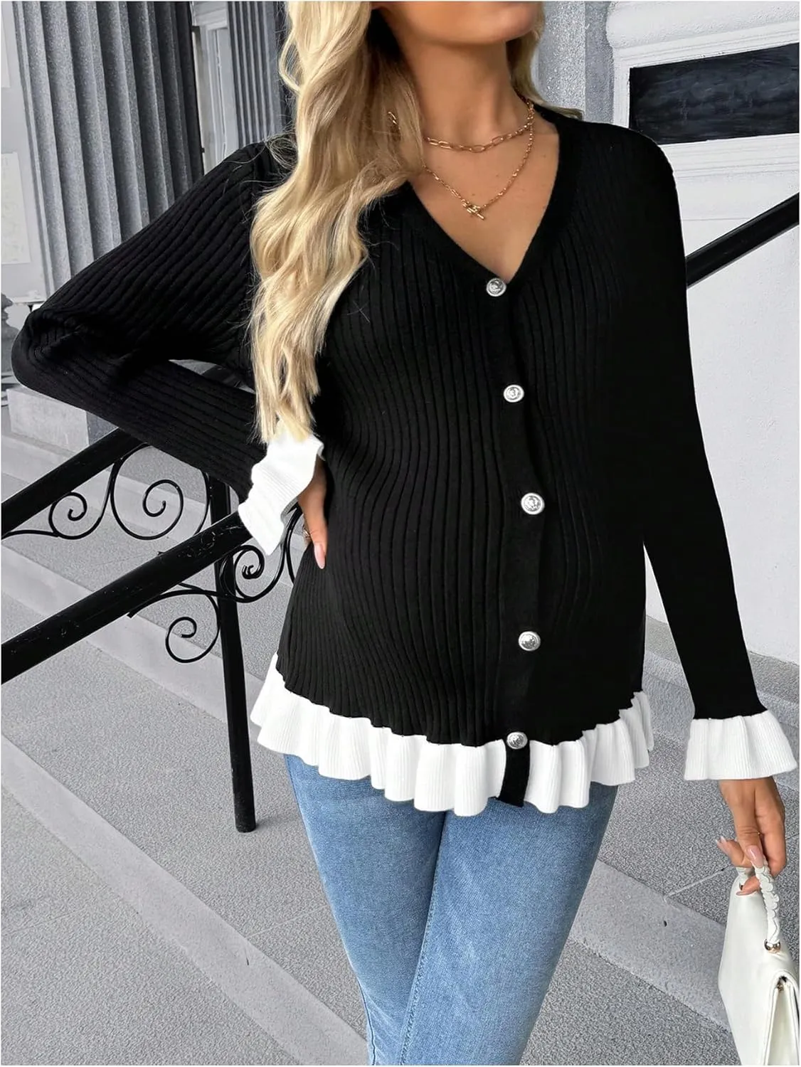 MakeMeChic Women's Maternity Sweater Color Block Bell Sleeve Button Down Ruffle Pregnancy Cardigan