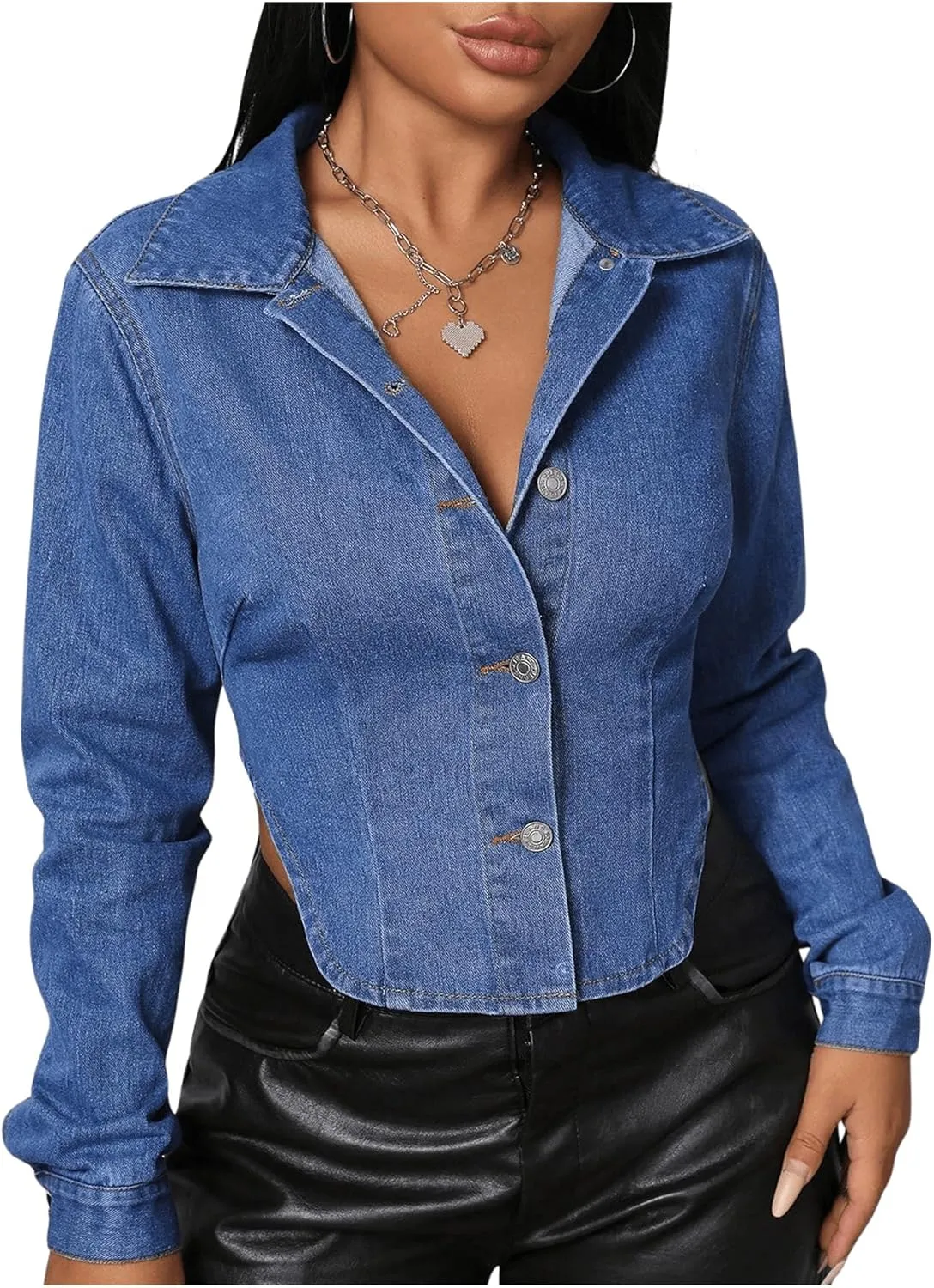 MakeMeChic Women's Open Back Button Down Long Sleeve Y2K Jean Blouse Denim Shirt Tops