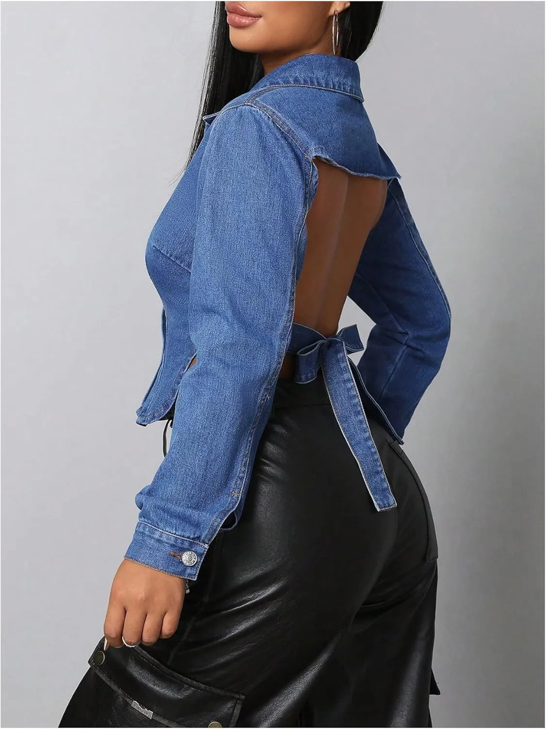MakeMeChic Women's Open Back Button Down Long Sleeve Y2K Jean Blouse Denim Shirt Tops