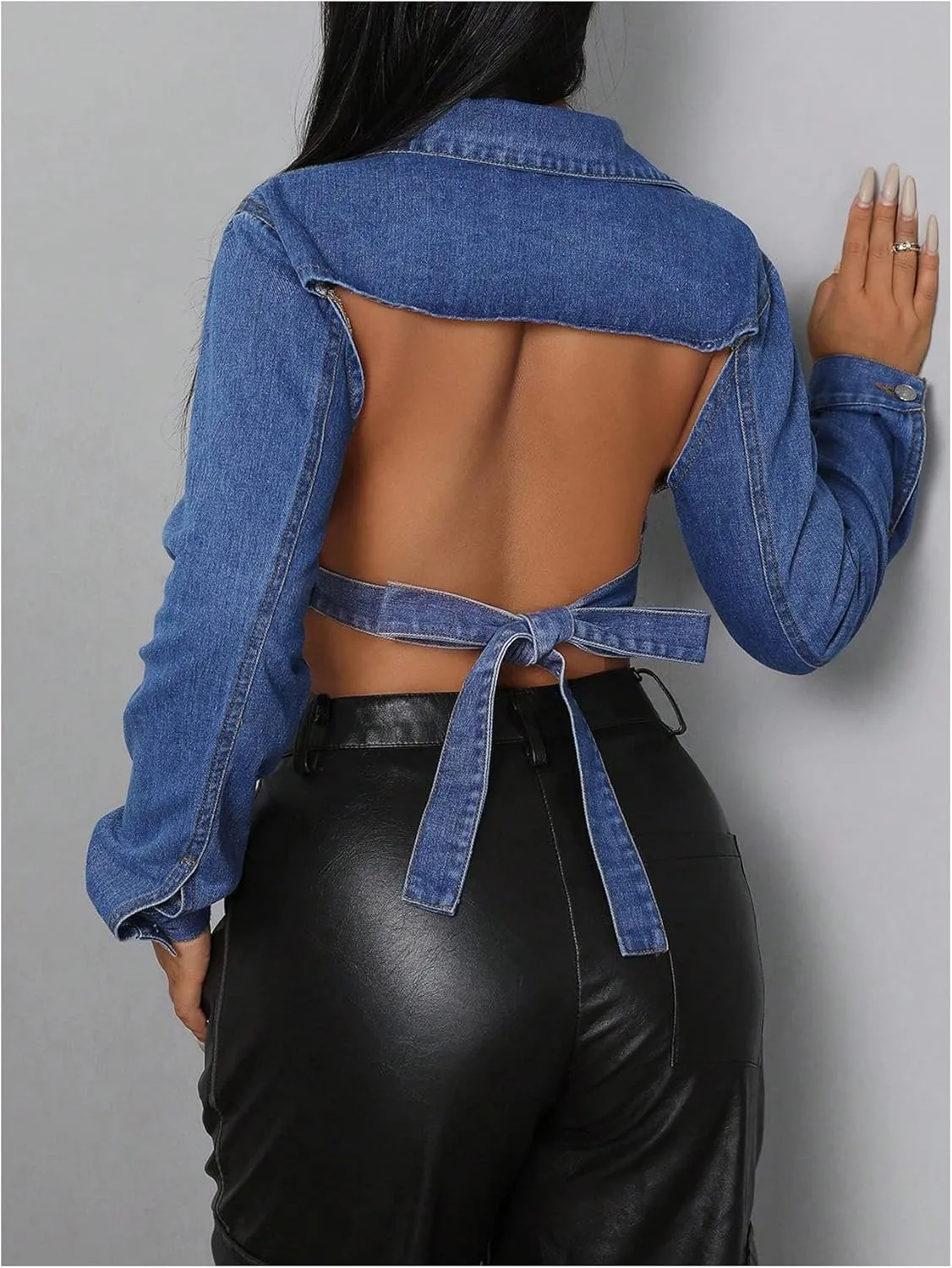 MakeMeChic Women's Open Back Button Down Long Sleeve Y2K Jean Blouse Denim Shirt Tops