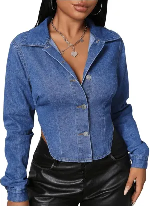 MakeMeChic Women's Open Back Button Down Long Sleeve Y2K Jean Blouse Denim Shirt Tops
