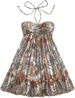MakeMeChic Women's Paisley Print Ruched Halter Mini Dress Ruffle Tiered A Line Boho Dresses