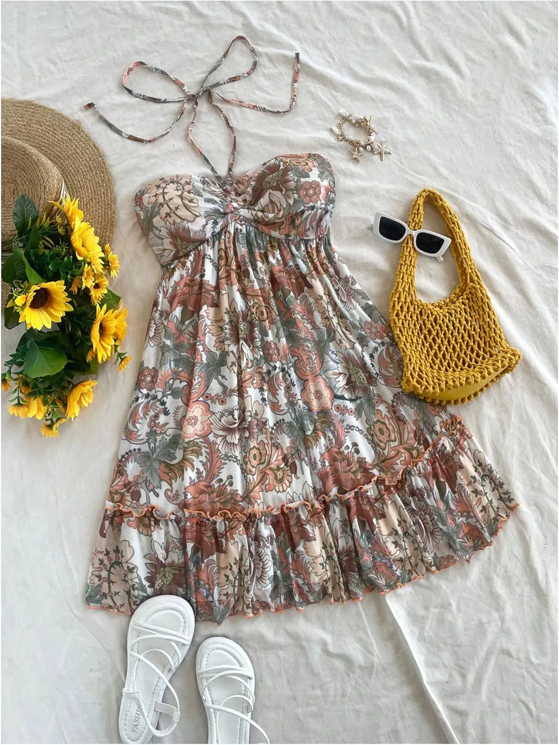 MakeMeChic Women's Paisley Print Ruched Halter Mini Dress Ruffle Tiered A Line Boho Dresses