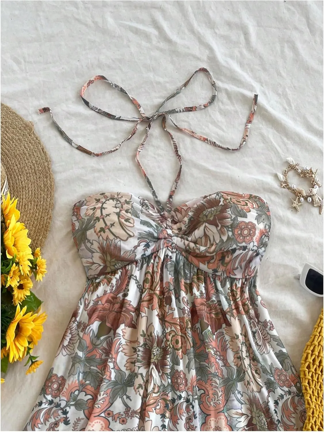 MakeMeChic Women's Paisley Print Ruched Halter Mini Dress Ruffle Tiered A Line Boho Dresses