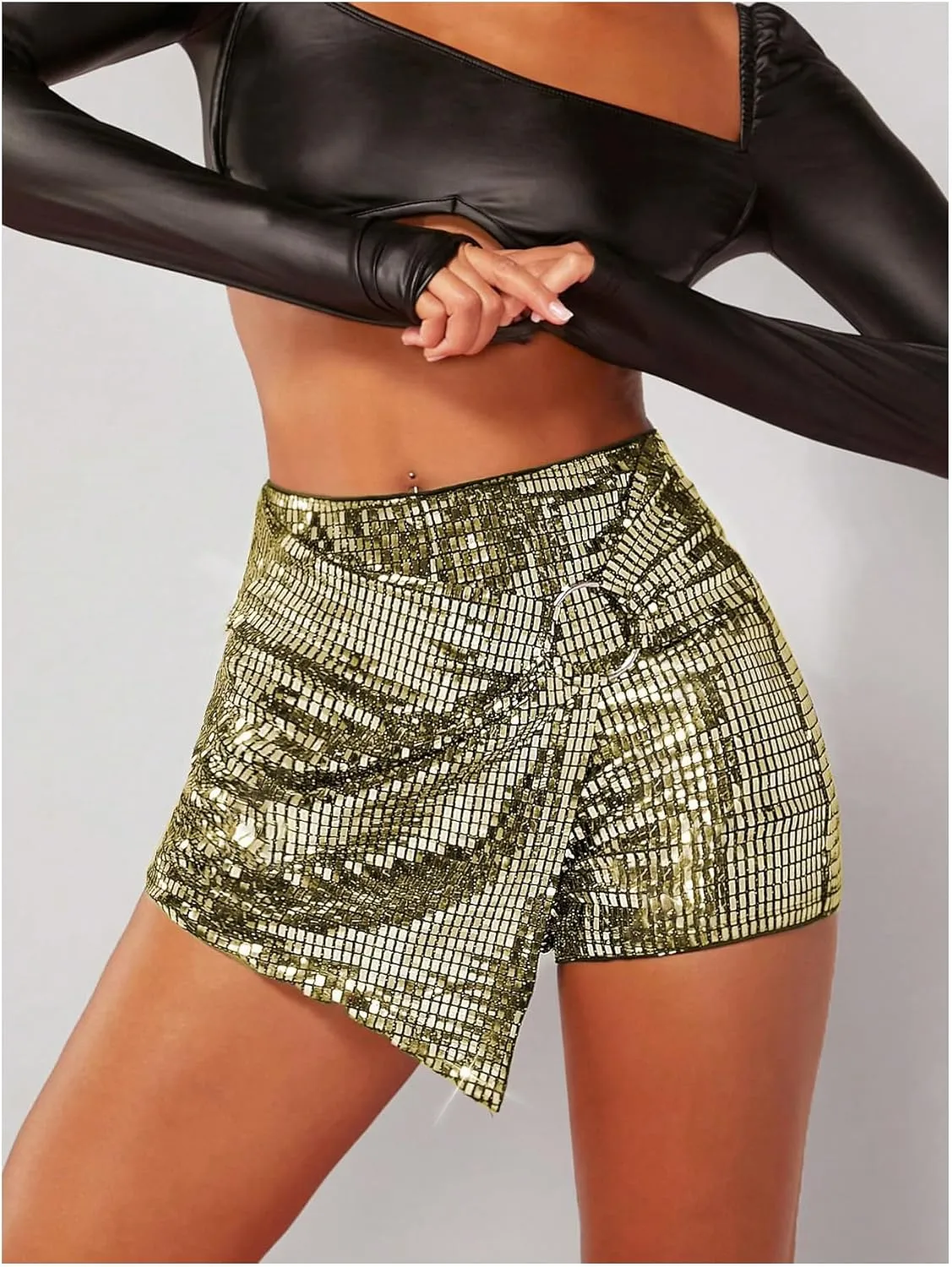 MakeMeChic Women's Sequin Skort Metallic Ring Linked Wrap Front Y2K Rave Sparkly Shorts Skorts