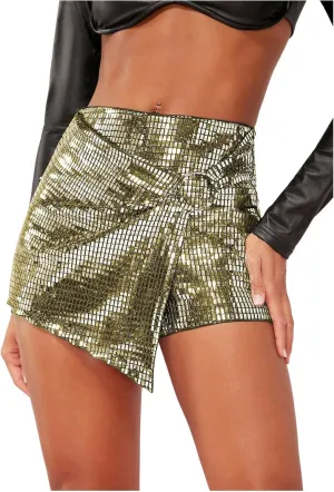 MakeMeChic Women's Sequin Skort Metallic Ring Linked Wrap Front Y2K Rave Sparkly Shorts Skorts