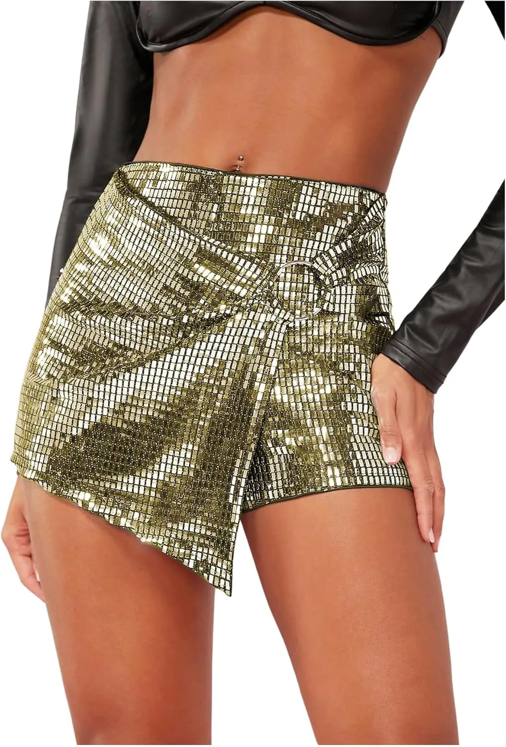 MakeMeChic Women's Sequin Skort Metallic Ring Linked Wrap Front Y2K Rave Sparkly Shorts Skorts