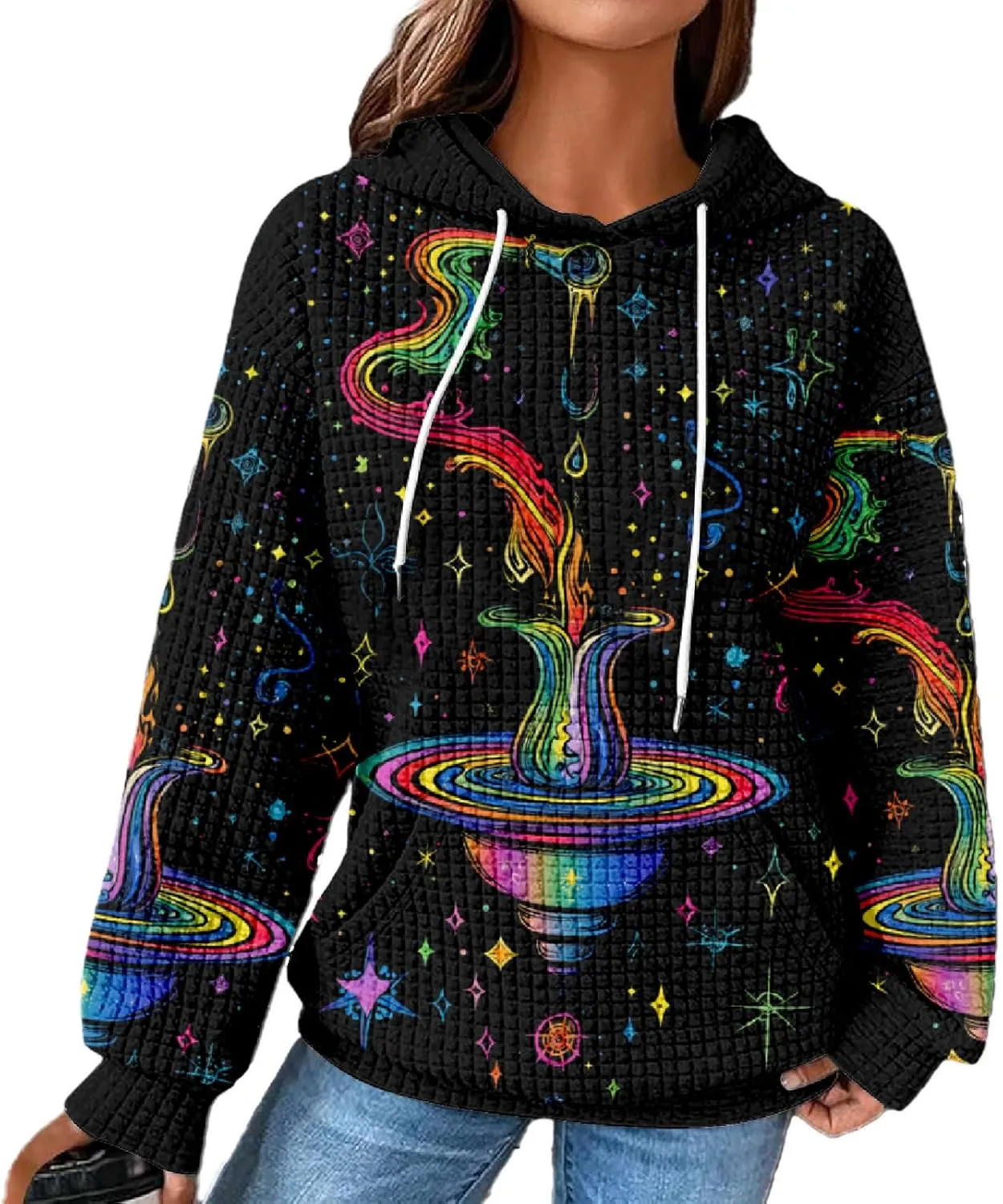 MARSVOVO Constellation Zodiac Graphic Hoodies for Women Gothic Waffle Sweatshirt Loose Casual Drawstring Fall Pullover