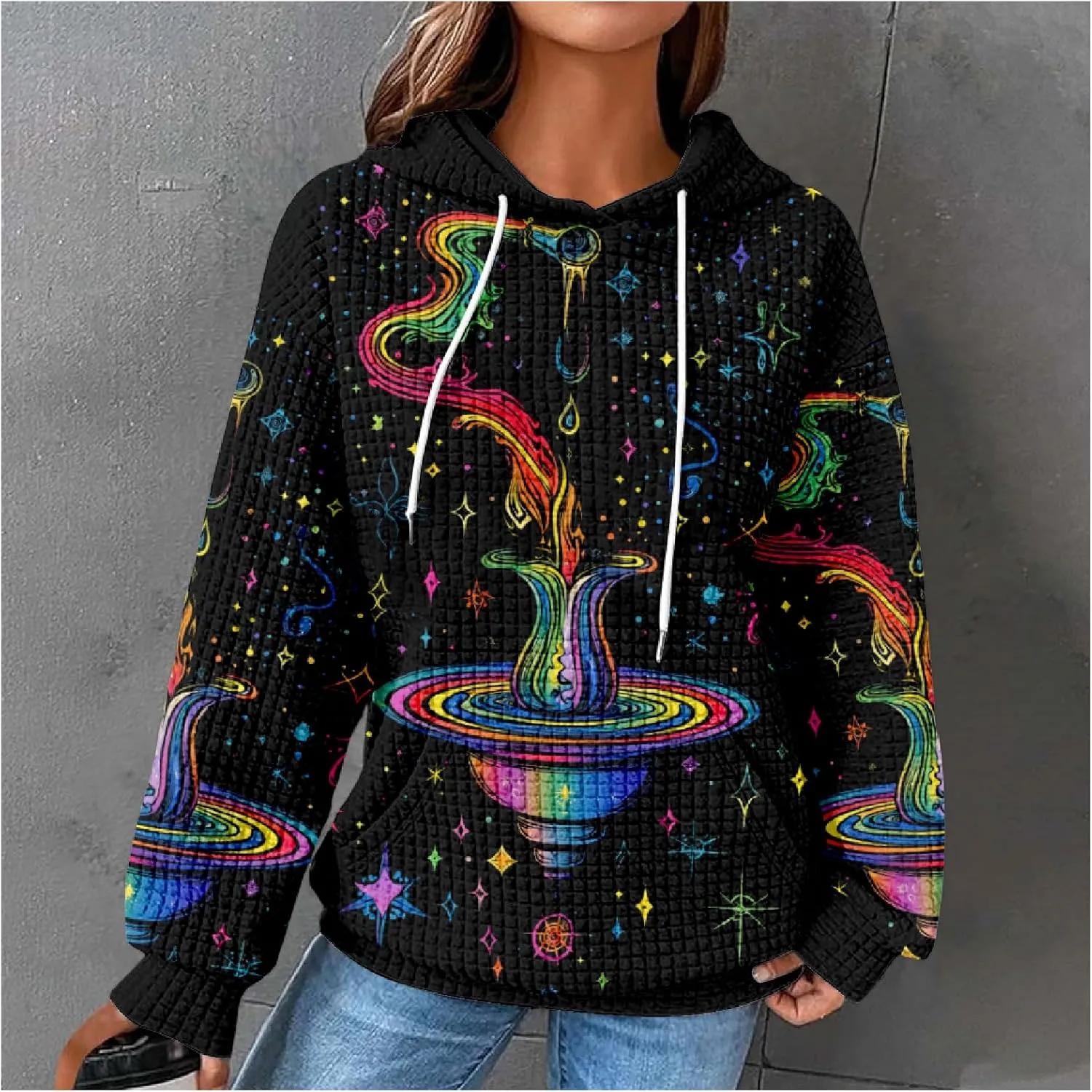 MARSVOVO Constellation Zodiac Graphic Hoodies for Women Gothic Waffle Sweatshirt Loose Casual Drawstring Fall Pullover