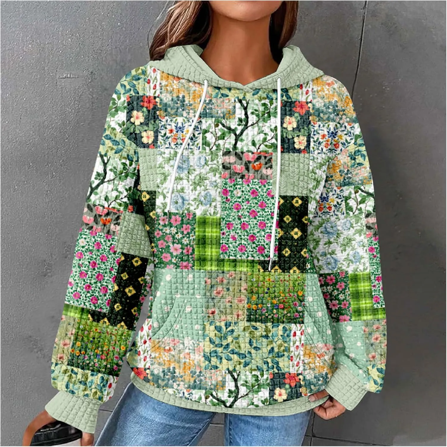 MARSVOVO Patchwork Hoodie for Women Dressy Drawstring Waffle Sweatshirt Pullover Oversized Casual Spring Fall Hoodies