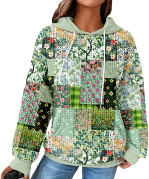 MARSVOVO Patchwork Hoodie for Women Dressy Drawstring Waffle Sweatshirt Pullover Oversized Casual Spring Fall Hoodies