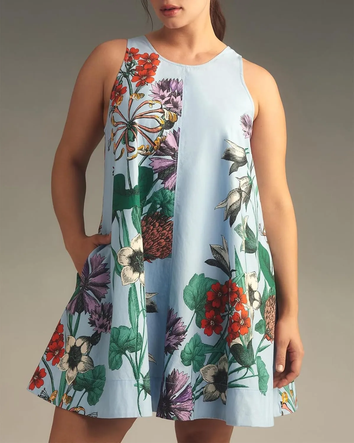 Melliflo Women Summer Tank Mini Dress Y2k Floral Print Crew Neck Sleeveless Back Zipper Hollow Out Beach Sundress