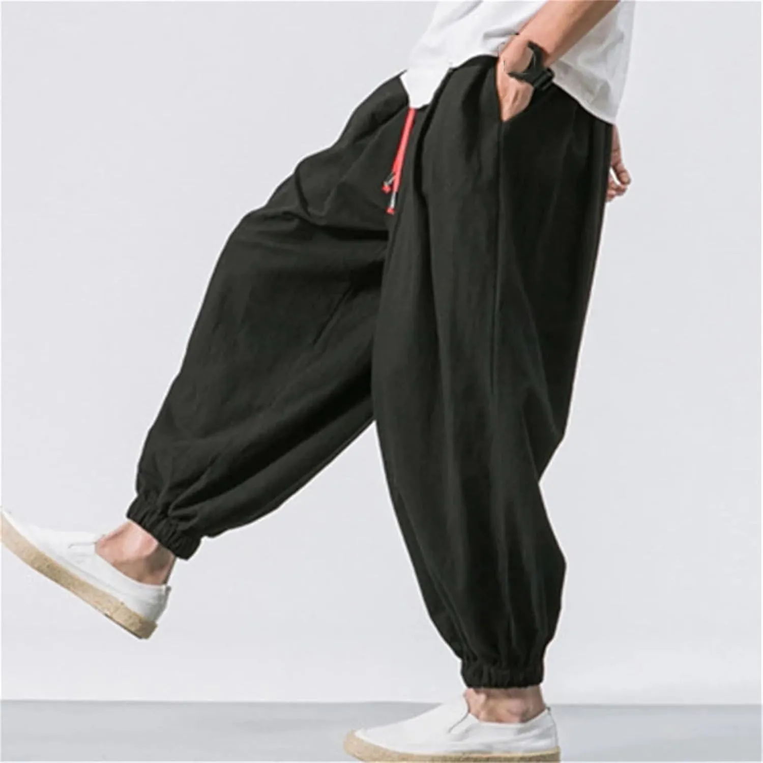 Men Loose Harem Pants Spring Autumn Cotton Linen Sweatpants Casual Trousers