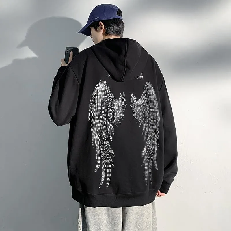 Men's Angel Wings Zip up Hoodie,Sweater, Rhinestones Streetwear Oversized Jacket,Graphic Hoodie for Women