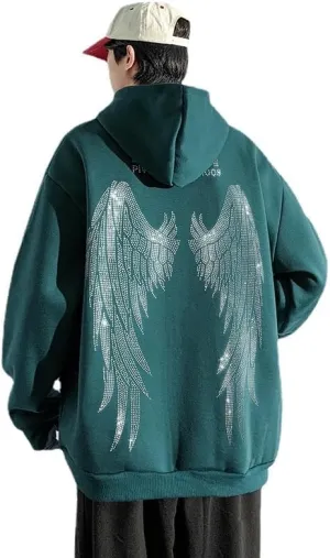 Men's Angel Wings Zip up Hoodie,Sweater, Rhinestones Streetwear Oversized Jacket,Graphic Hoodie for Women