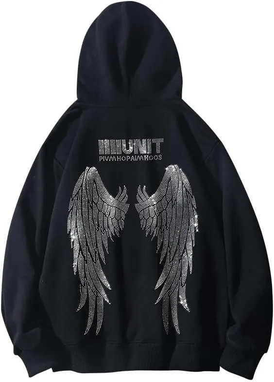 Men's Angel Wings Zip up Hoodie,Sweater, Rhinestones Streetwear Oversized Jacket,Graphic Hoodie for Women