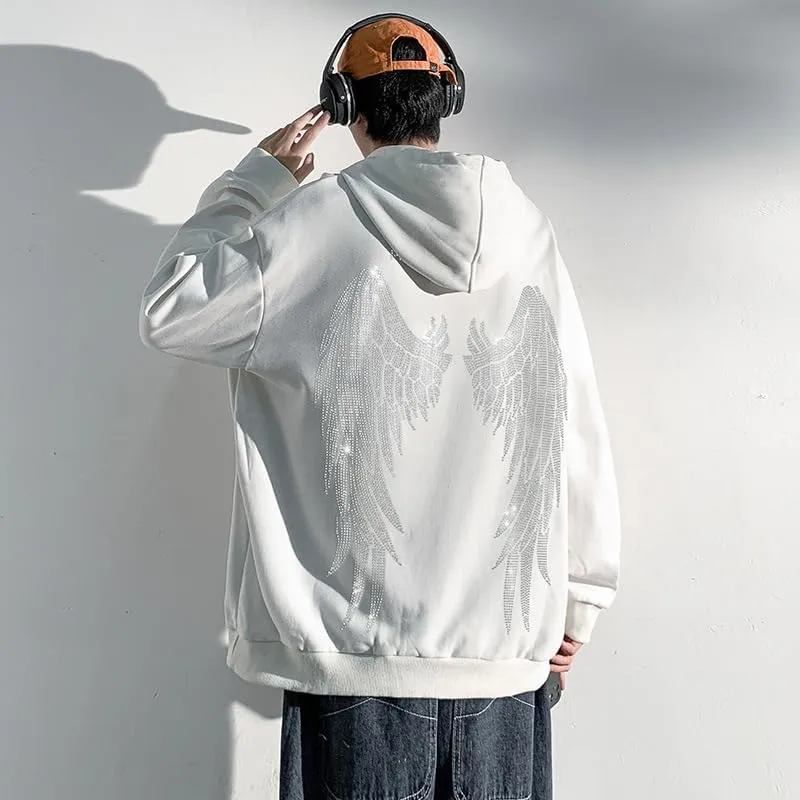 Men's Angel Wings Zip up Hoodie,Sweater, Rhinestones Streetwear Oversized Jacket,Graphic Hoodie for Women