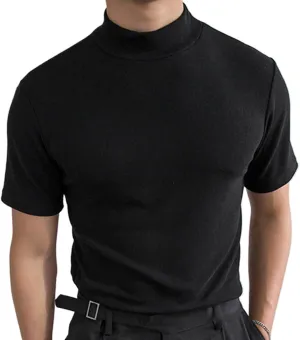 Mens Casual Turtleneck Mock Neck T Shirt Short Sleeve Slim Fit Undershirt Casual Basic Pullover Solid Tops