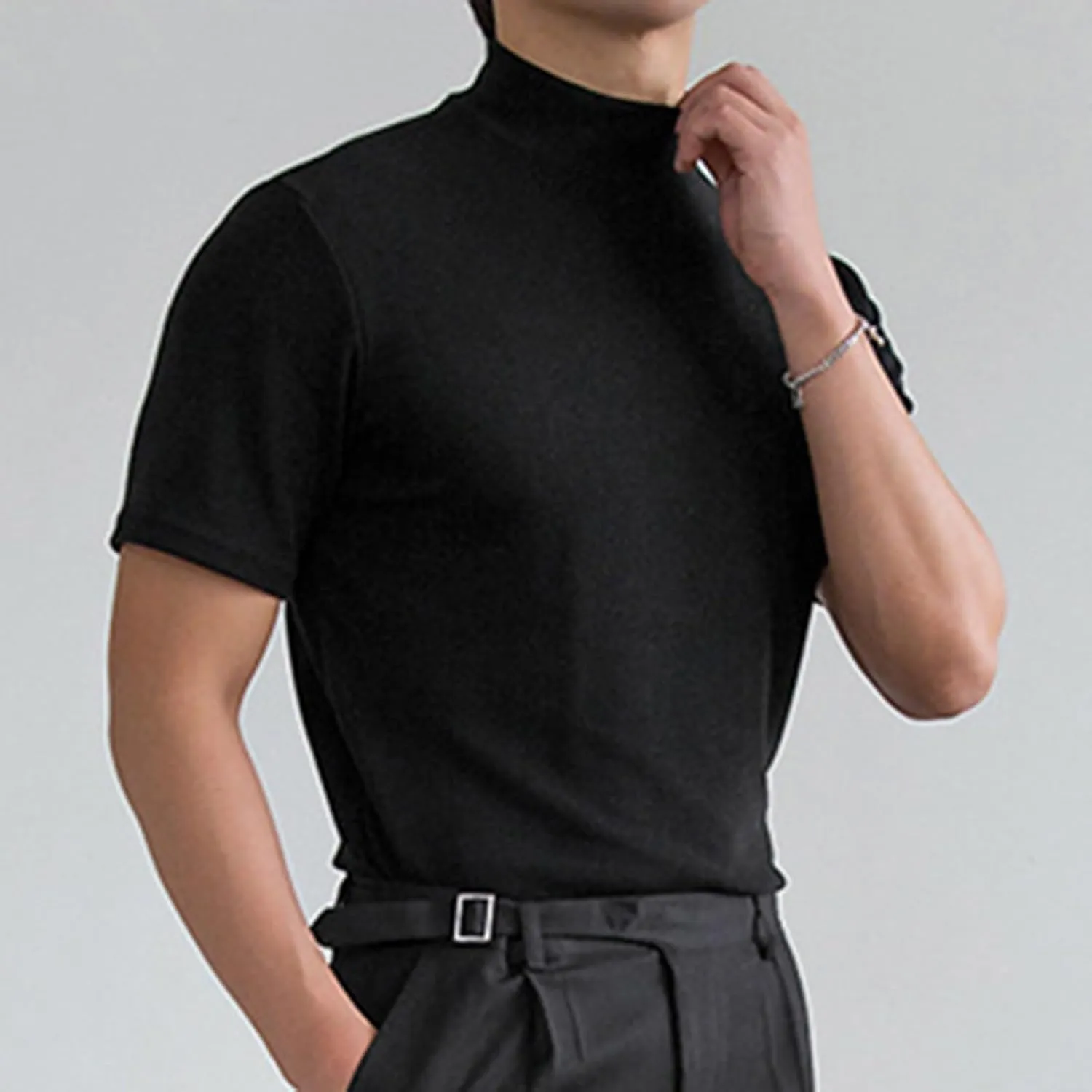 Mens Casual Turtleneck Mock Neck T Shirt Short Sleeve Slim Fit Undershirt Casual Basic Pullover Solid Tops