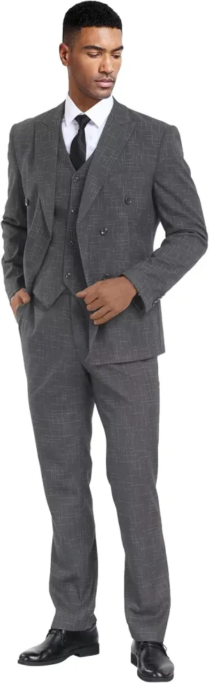 Mens Suits 3 Piece Plaid Slim Fit Tuxedo Double Breasted Prom Dress Suits Men Jackets Blazer Vest and Pants with Tie