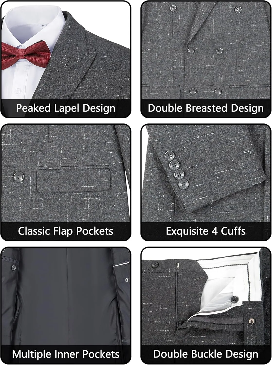 Mens Suits 3 Piece Plaid Slim Fit Tuxedo Double Breasted Prom Dress Suits Men Jackets Blazer Vest and Pants with Tie