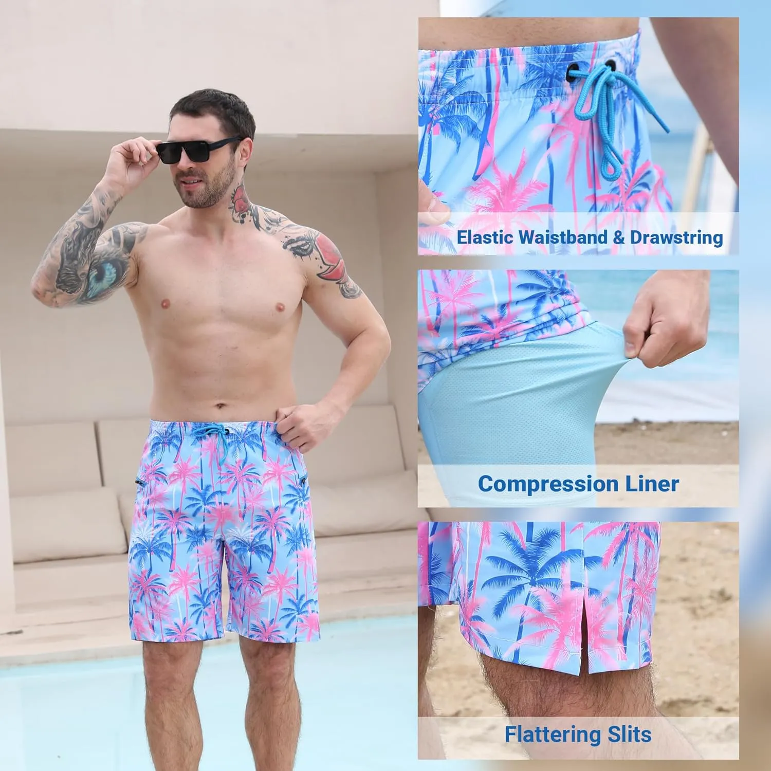 Men's Swim Trunks with Compression Liner Swim Shorts Board Shorts 9 Inch Quick Dry Bathing Suit with Zipper Pockets