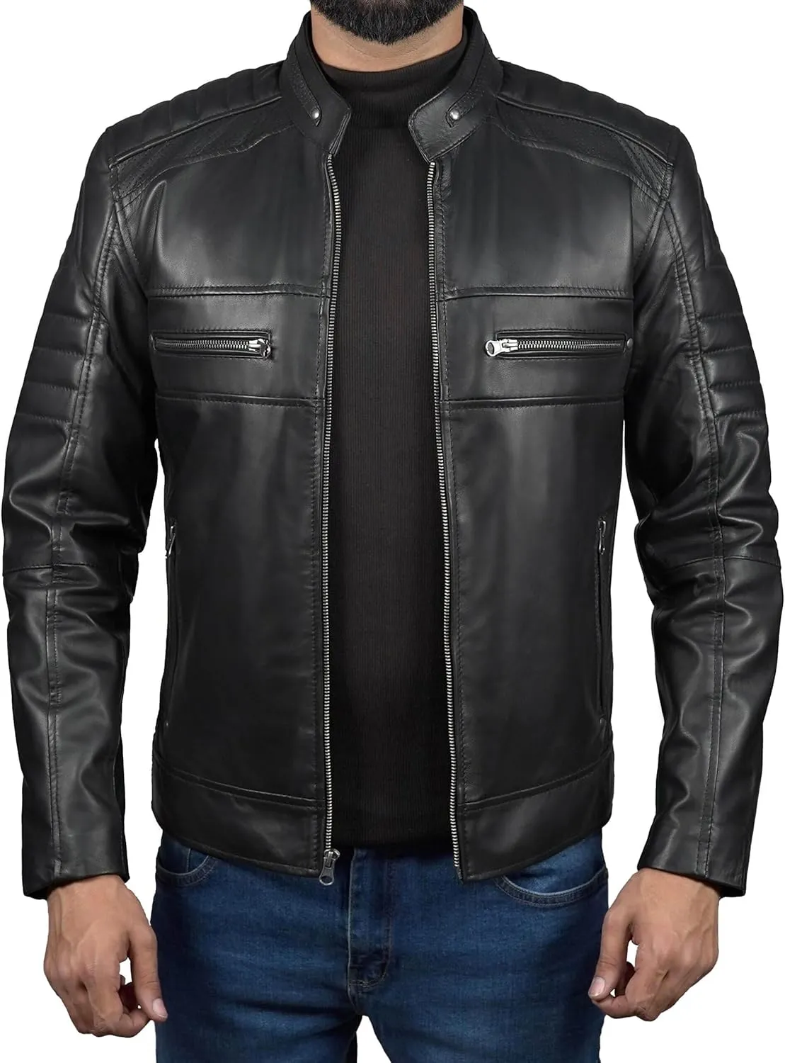Mens X Wolverine Men Biker Leather Jacket | Hugh Logan Jackman Motorcycle Jacket Men with Brown Stripes