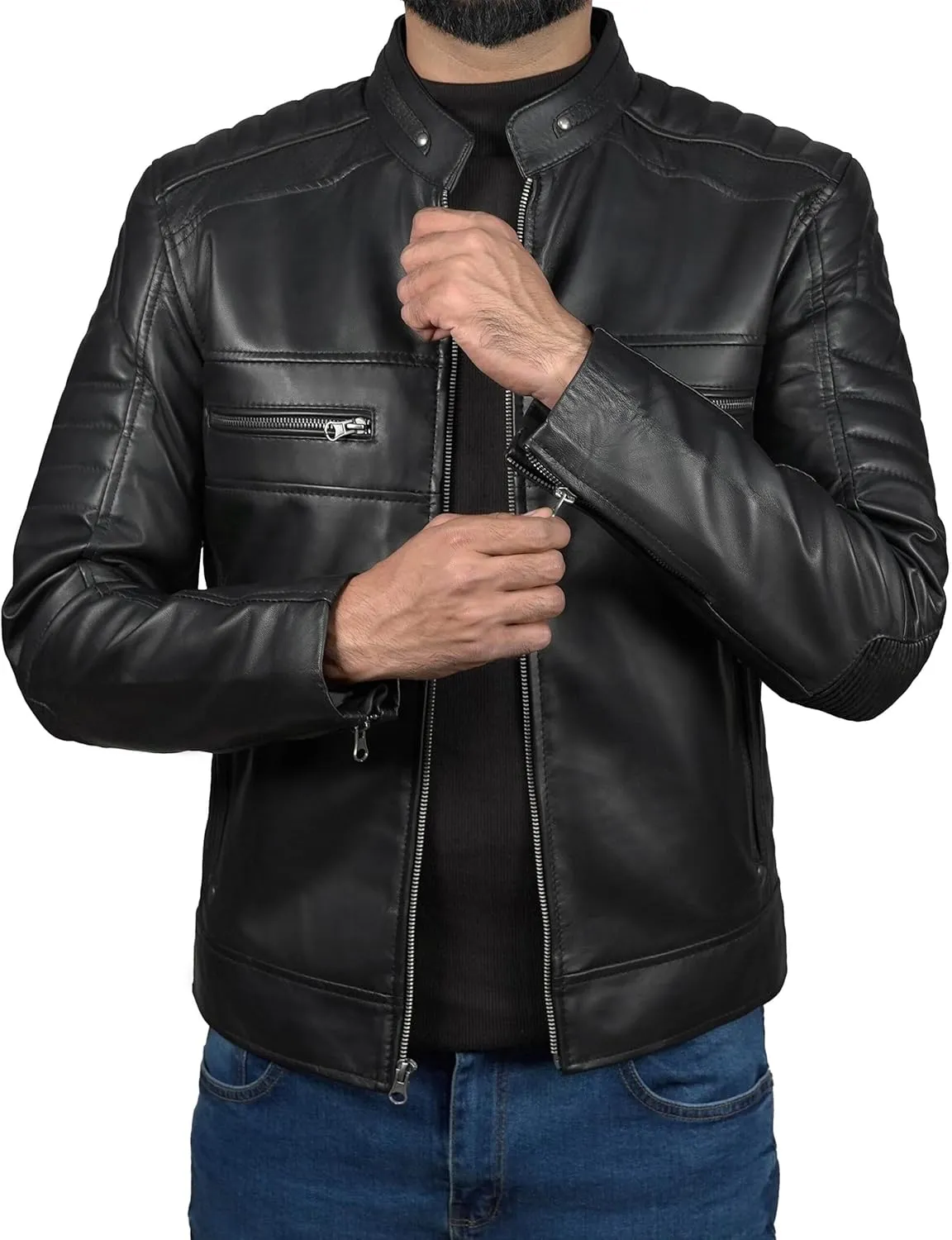 Mens X Wolverine Men Biker Leather Jacket | Hugh Logan Jackman Motorcycle Jacket Men with Brown Stripes
