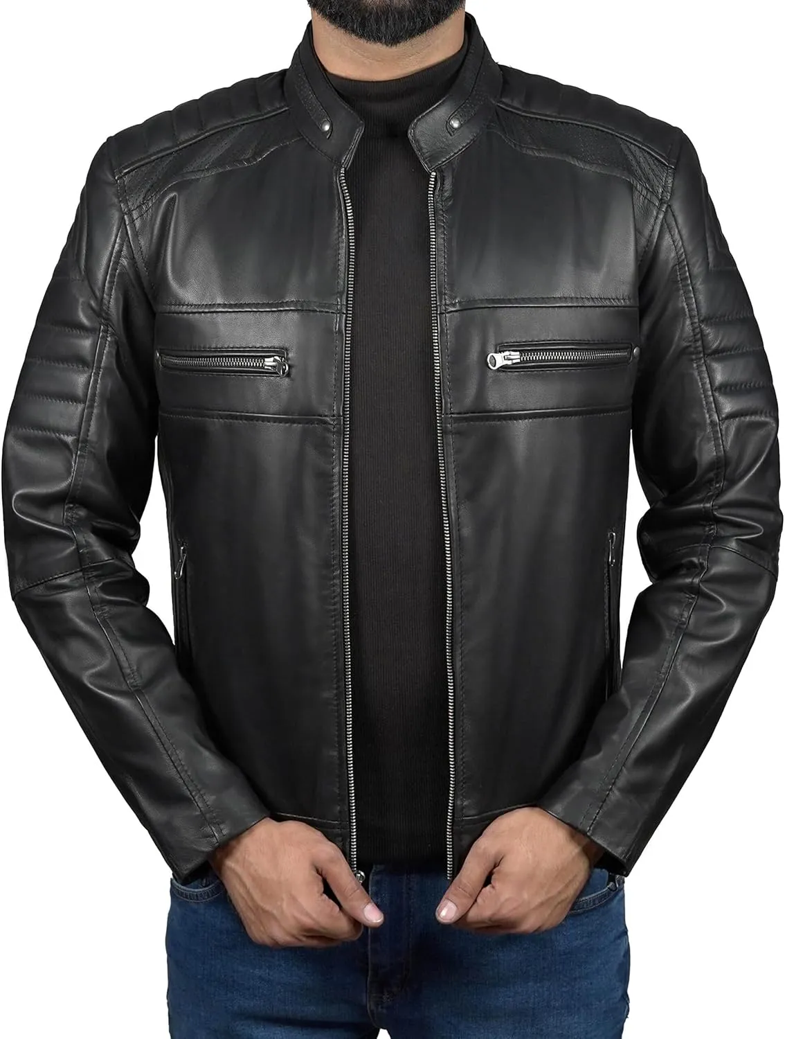 Mens X Wolverine Men Biker Leather Jacket | Hugh Logan Jackman Motorcycle Jacket Men with Brown Stripes
