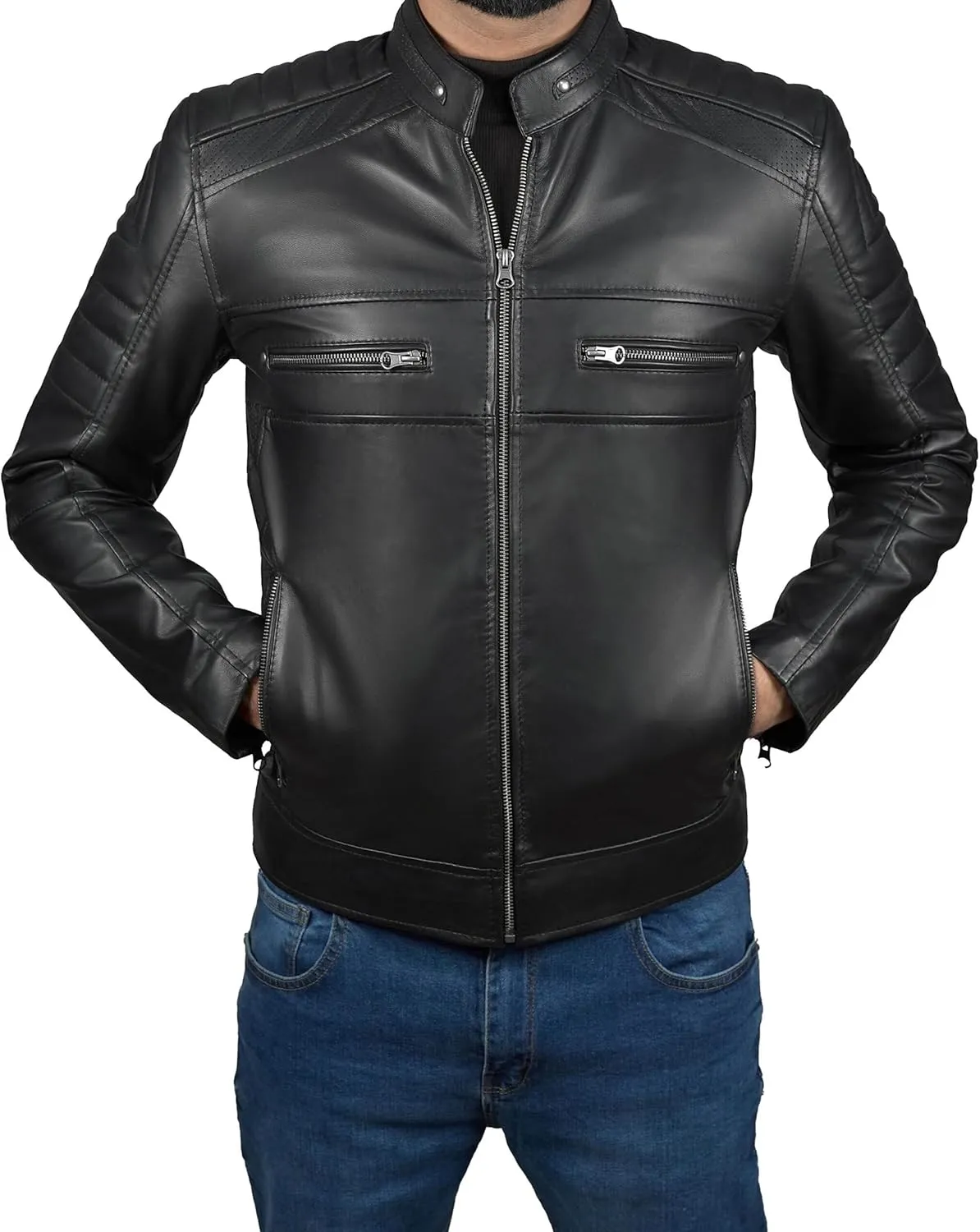 Mens X Wolverine Men Biker Leather Jacket | Hugh Logan Jackman Motorcycle Jacket Men with Brown Stripes