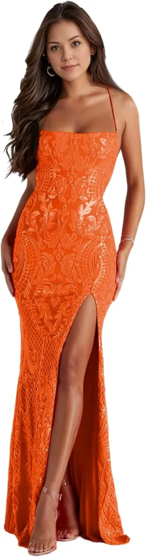 Mermaid Sequin Prom Dresses with Slit Spaghetti Straps Sparkly Formal Evening Party Dress for Women