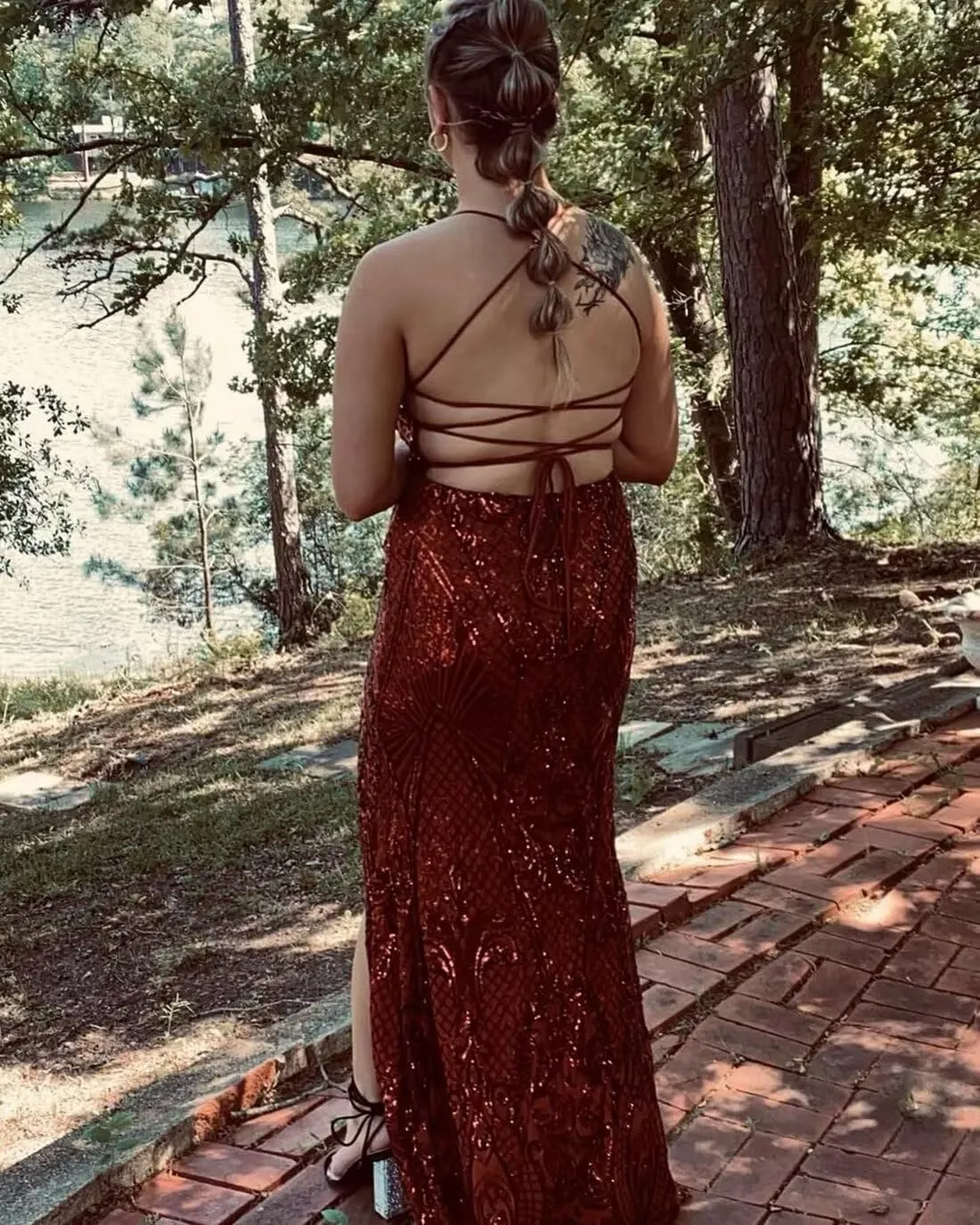 Mermaid Sequin Prom Dresses with Slit Spaghetti Straps Sparkly Formal Evening Party Dress for Women
