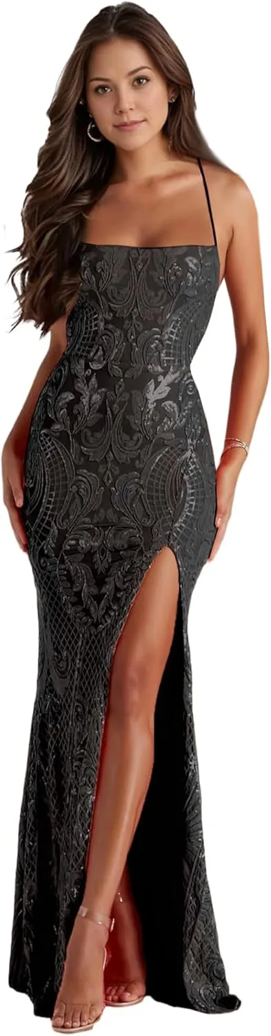 Mermaid Sequin Prom Dresses with Slit Spaghetti Straps Sparkly Formal Evening Party Dress for Women