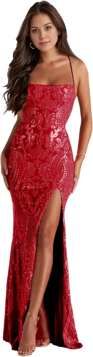 Mermaid Sequin Prom Dresses with Slit Spaghetti Straps Sparkly Formal Evening Party Dress for Women